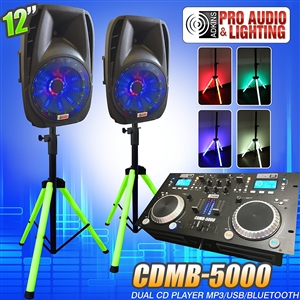 Lighted DJ System includes 2 Lighted Powered 12" DJ Speakers with 2 Lighted Speaker Stands - 1200 Watts - Bluetooth, MP3, USB, plug in your laptop or iPhone - Adkins Professional Audio