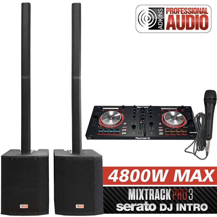 2 Wireless Microphones & Headphones 2400 Watts of Powered DJ Speakers w/Stands Serato Software DJ System Numark MixTrack Pro III 