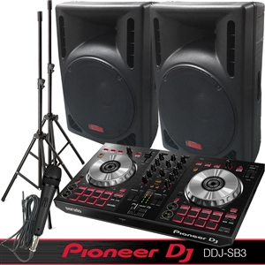 DJ System - Pioneer DJ Controller DDS-SB3 - Serato DJ Lite Software - 2400 Watts of Powered DJ Speakers w/Stands and Mic