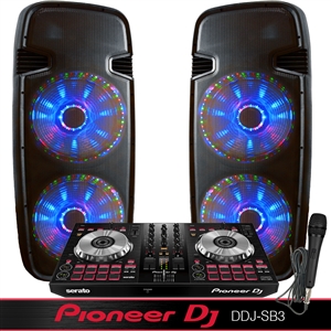 Light up the house! - DJ System - Pioneer DDJ-SB3 - Serato DJ Software - Lighted Powered Dual 15" DJ Speakers - 6000 Watts