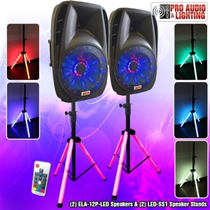 Lighted Powered 12" DJ Speaker and Lighted Stands- 1200 Watts Total - Bluetooth MP3 USB SD