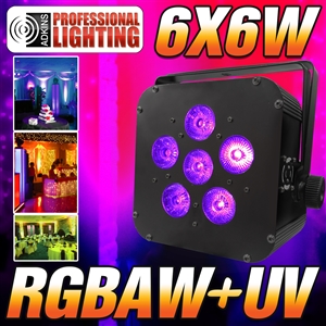16 Hour LED Battery Powered Wireless DMX - 6x6 watt RGBAW+UV - Black Case - LED Up Light - Weddings - Stage Light - Dj Light