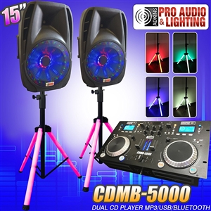 Lighted DJ System includes 2 Lighted Powered 15" DJ Speakers with 2 Lighted Speaker Stands - 1600 Watts - Bluetooth, MP3, USB, plug in your laptop or iPhone - Adkins Professional Audio