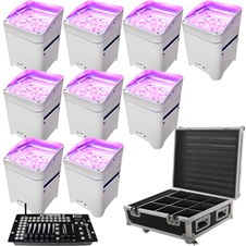 LED Battery Powered Wireless DMX - 16 Hour - 9 Lights w/Case - 6x6W RGBAW+UV - w/ Easy Controller - Wedding Up Lights